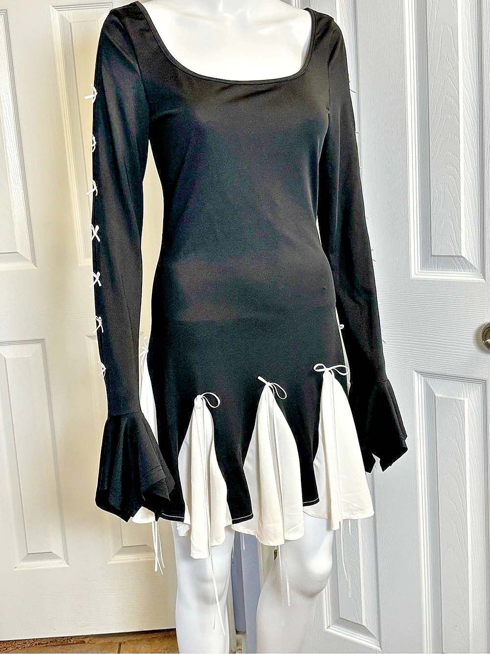 Innovare Denim Amarante Bow Ruffle Fringe Black & White Mini Dress